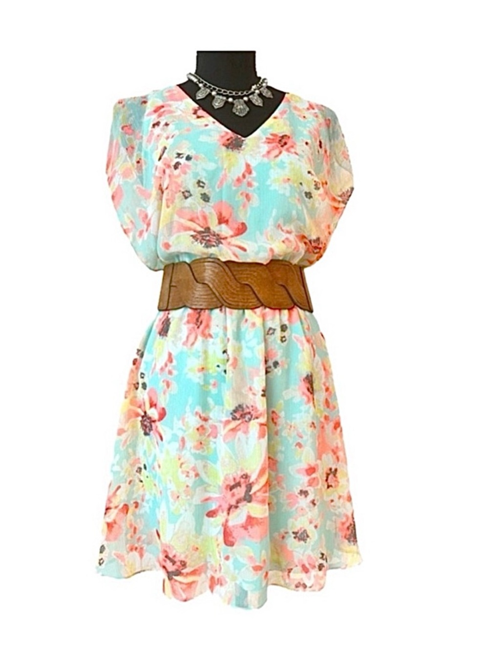 CANDIE’S ~ Light Aqua Orange and Pink Flutter Sleeve Dress Fully Lined size S
